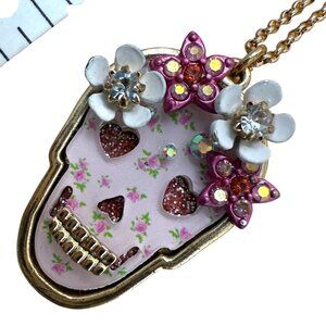 Betsey Johnson Pendant Necklace & Earrings Set With Floral Accents & Crystal
